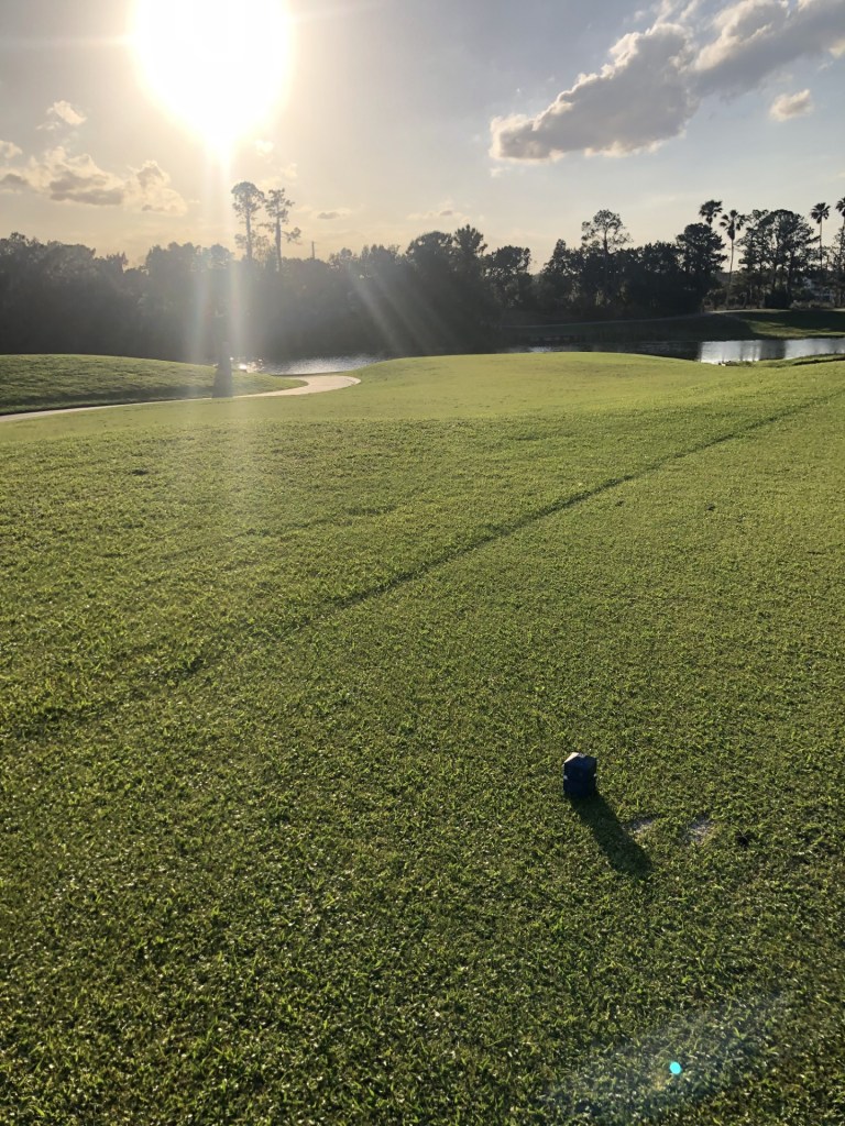 Hole 2 greens with trees under a bright, partly cloudy sky. A lake in the background.