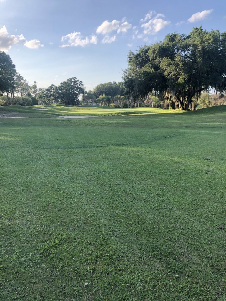 Hole 9 greens with trees under a bright, partly cloudy sky.