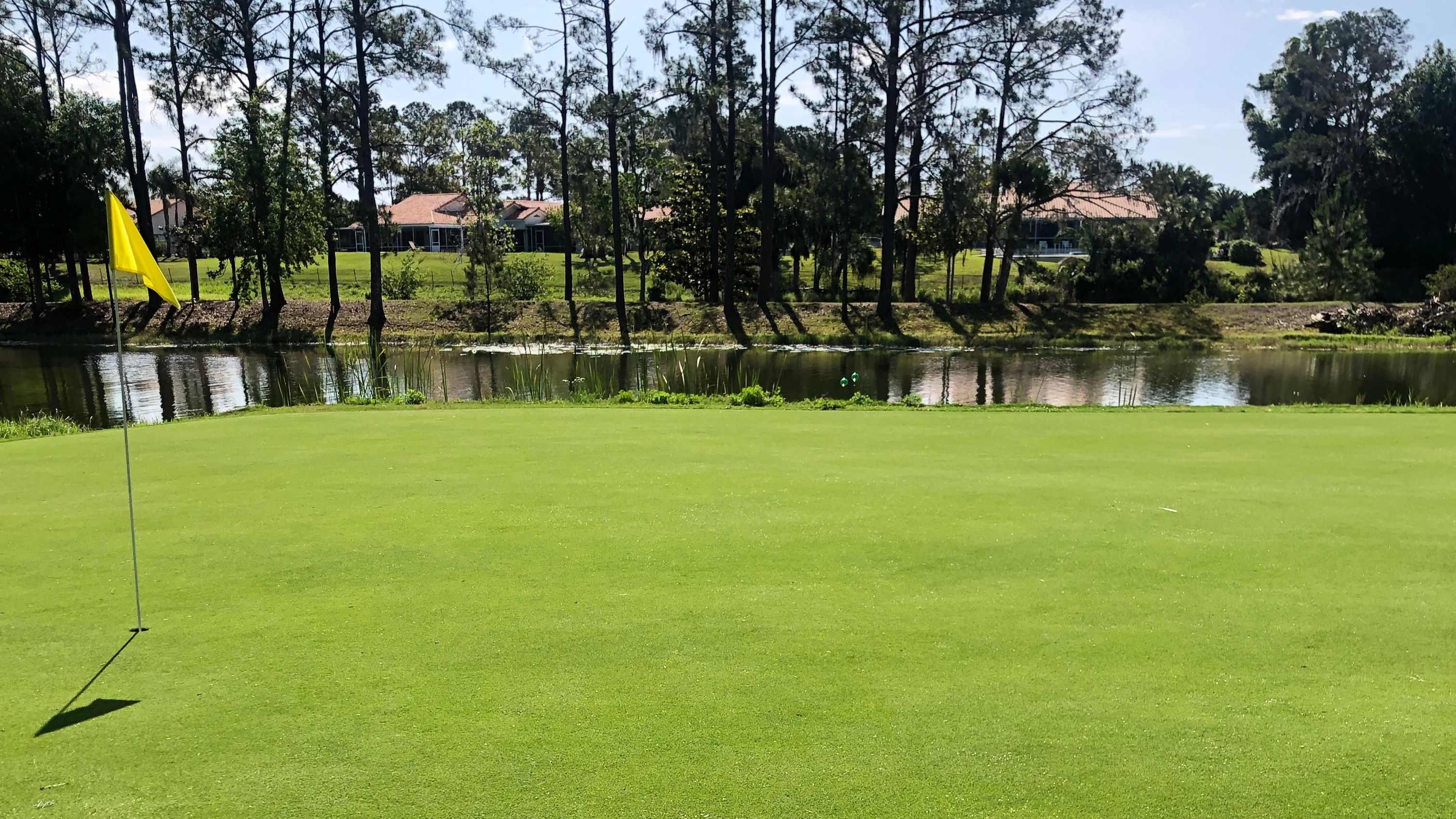 Golf course with pond and yellow flag