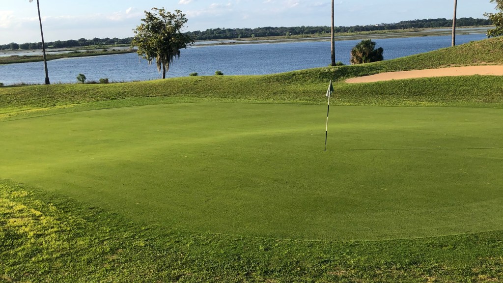 Golf course green with trees and pond in distance